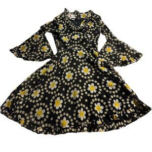 1970s Eve Le Coq California Black Daisy Print Dress | Fit & Flare- Boho- VTG